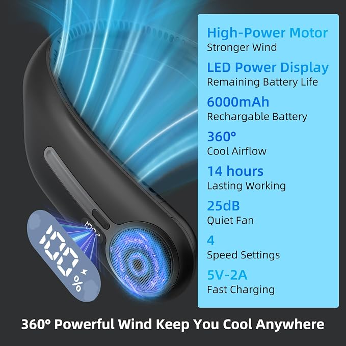 Portable Neck Fan, Personal Wearable Bladeless Fan, 6000mAh USB Rechargeable, 360° Airflow, LED Display, 4-Speeds, Hands Free Fan for Outdoor Indoor, Birthday Gifts for Men Women Dad Mom (Black)
