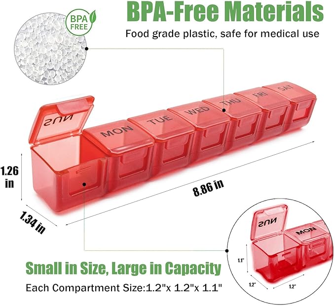 2 Pack Weekly Pill Organizer, Large 7 Day Pill Case, Daily Vitamin Case Medicine Box, AM/PM Pill Containers for Medicine Supplements Fish Oil (Orange & Red)