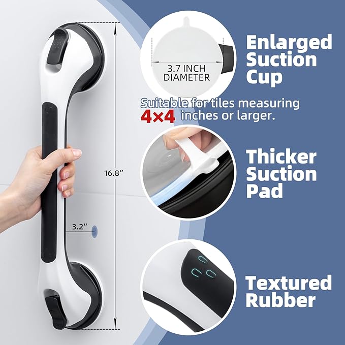 Grab Bars for Bathtubs and Showers 2 Pack Glow in The Dark, 17 inch Suction Grab Bar, Shower Handle Safety Grip Handrail for Seniors and Elderly, Removable Waterproof No Drilling, Black
