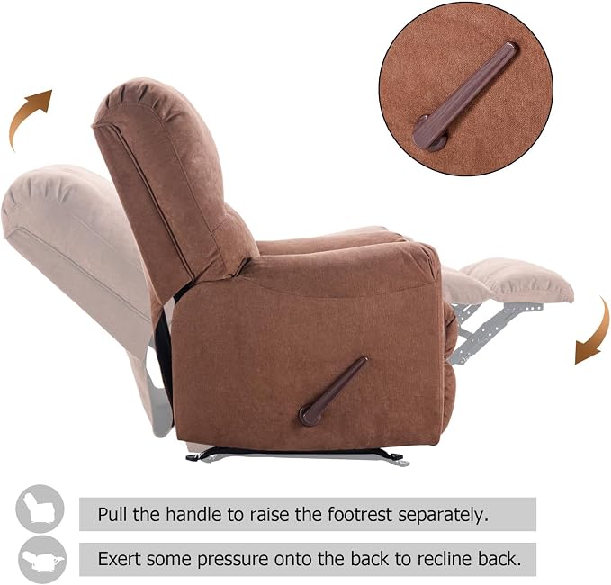 Rocker Recliner Chair for Adults,Manual Recliner Chair with Overstuffed Backrest and Armrests, Soft Fabric Manual Rocking Reclining Sofa for Living Room, Brown