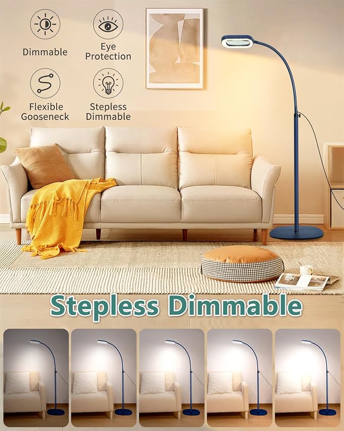 12X Rectangle Magnifying Glass with Light and Stand, 24" Flexible Gooseneck 3-in-1 Floor Lamp, 5 Color Modes Stepless Dimmable, LED Lighted Hands Free Magnifier for Reading Painting Close Work - Blue