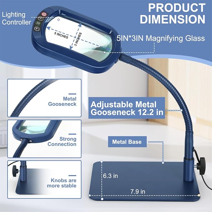Veemagni 12X Rectangle Magnifying Glass with Light and Stand, Flexible Gooseneck LED Lighted Desk Lamp, 5 Color Modes Stepless Dimmable, Hands Free Magnifier for Reading Painting Close Work - Blue