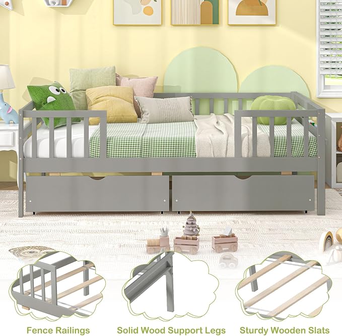 Giantex Twin Kids Bed with Storage Drawers, Wood Montessori Bed with Rails & Side Shelf, Low Daybed for Boys, Girls, No Box Spring Needed (Grey)