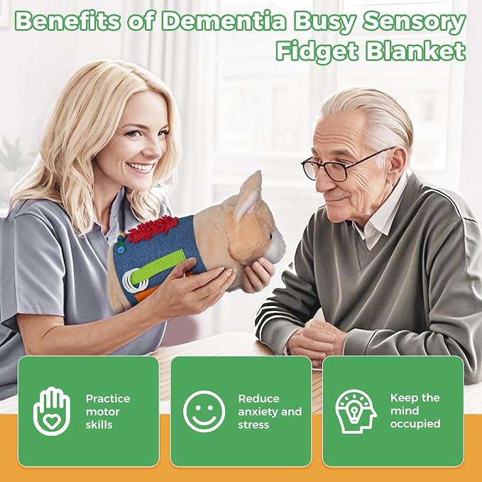 lefeke Fidget Muff Cat and Blanket for Elderly, Fidget Blanket for Dementia, Premium Dementia Activities for Seniors, Sensory Gifts for Nursing Home