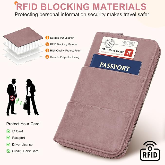 RFID Family Passport Holder Wallet - Travel Document Organizer | PU Leather, with Wristlet, Zipper, Cards, Boarding Pass, ID, Cash, Ticket Pockets,Travel Essentials Gifts for Women Men