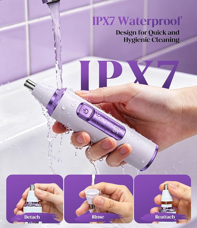 Nose Hair Trimmer for Women, 3-in-1 Painless & Gentle Trimmer for Nose, Eyebrows & Facial Hair, Type-C Rechargeable Precision Groomer with Double-Edged Blades, IPX7 Waterproof - Purple