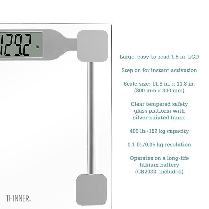 Thinner by Conair Scale for Body Weight, Digital Bathroom Scale in Clear Tempered Glass