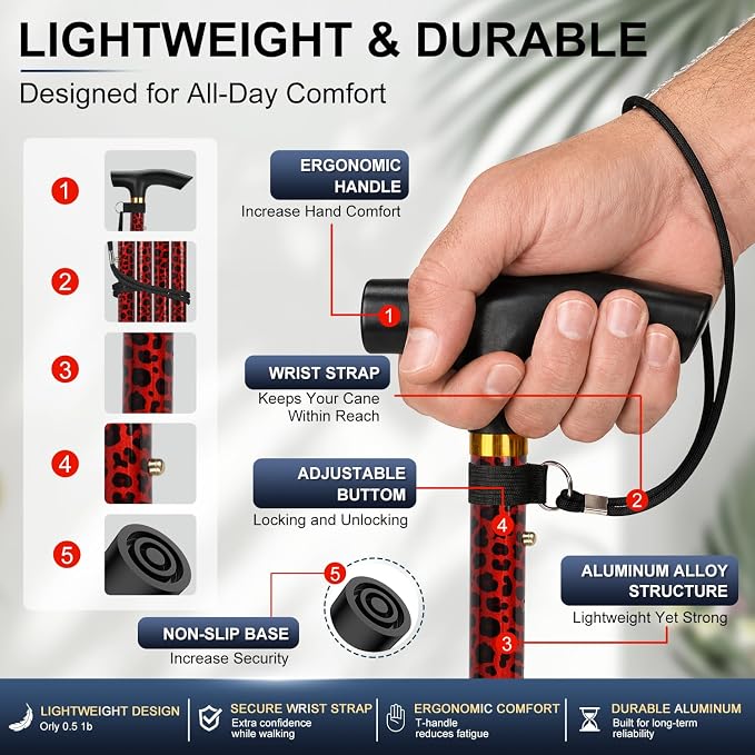 supregear Folding Cane, 5-Level Adjustable Height Walking Stick Lightweight Collapsible Portable Travel Cane with Wrist Strap and T Handle for Elderly Disabled Men Women