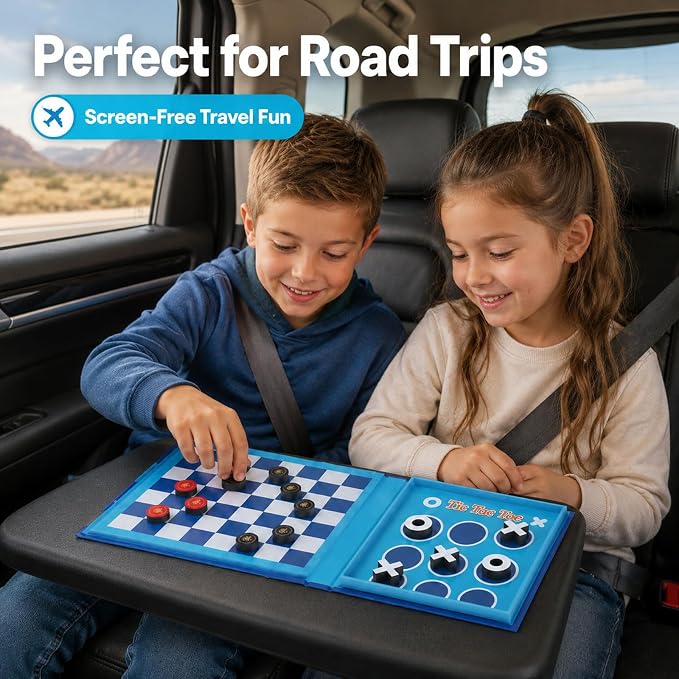 2-in-1 Travel Checkers and Tic Tac Toe Game for Kids Ages 8-12, Magnetic Checkers Board Game, Foldable Road Trip and Plane Activities