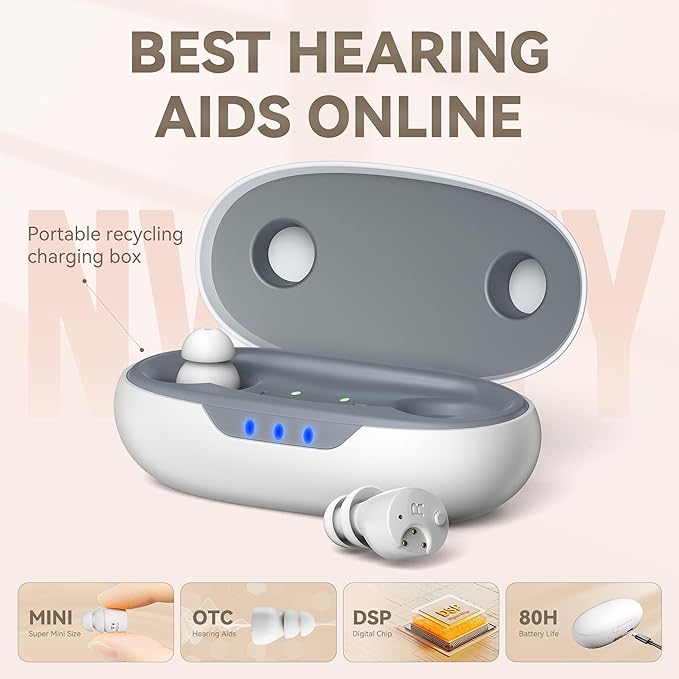 OTC Hearing Aids for Seniors - Hearing Aids with Digital Chips, Supermini Rechargeable Hearing Amplifiers Invisible with 16-Channel Sound Processing 3 Volume and 80H Wireless Charging Case (White)