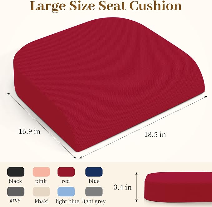 TranquilRelax XL Memory Foam Seat Cushion for Office Chair, 3.35-Inch, Red | Medium-firm Support for Long Sitting, Washable Mesh Cover, Non-slip Base, Perfect for Car Seats & Short Drivers