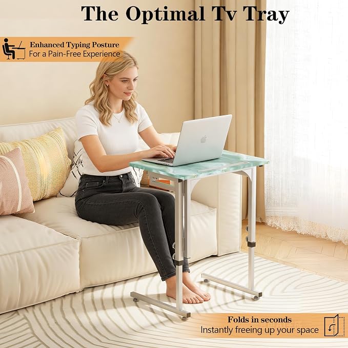 Folding Tv Tray Table,6 Height Adjustable Dinner Snack Slide Under Couch Side Table, Portable Foldable C-Shaped End Table for Eating with Sturdy MDF Top,No Assembly(Sea Blue+Silver)