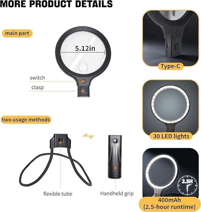 Hands Free Magnifying Glass with Light for Close Work, Neck Wear Magnifier for Reading Books, Sewing, Cross Stitch, Low Vision Seniors with Aging Eyes,5 Inch 5X & 10X Lighted Magnifying Glass