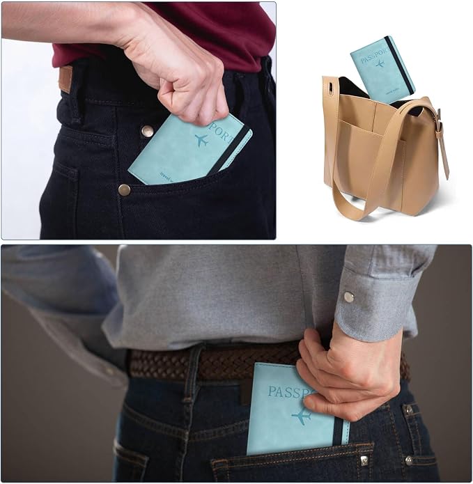 Passport Holder, Passport Cover with Credit Card Slot and Boarding Pass Slot Combo, Passport Wallet Case Book Travel Must Have, RFID Blocking Leather Travel Accessories, Sky Blue