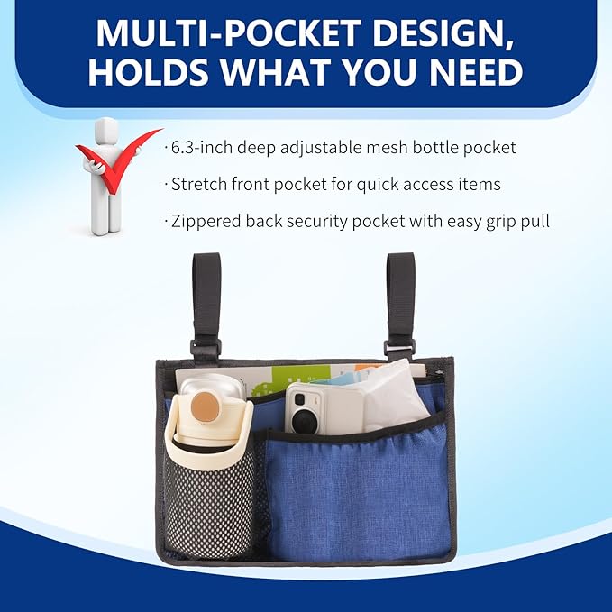 Wheelchair Side Bag, Waterproof Oxford Wheelchair Armrest Storage Pouch with Multiple Pockets, Durable Wheelchair Bags to Hang on Side for Most Wheelchairs, Walkers & Rollators(Blue)