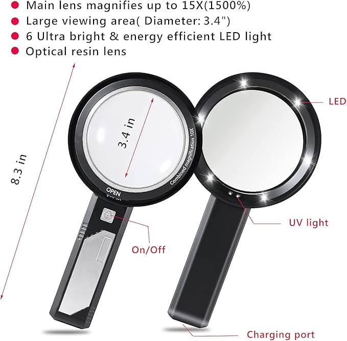 Magnifying Glass with Light, USB Rechargeable 5X 10X 15X Handheld Magnifying Glass Double Lens Magnifier 8 Light for Reading Small Prints, Seniors Reading, Books, Map, Coins