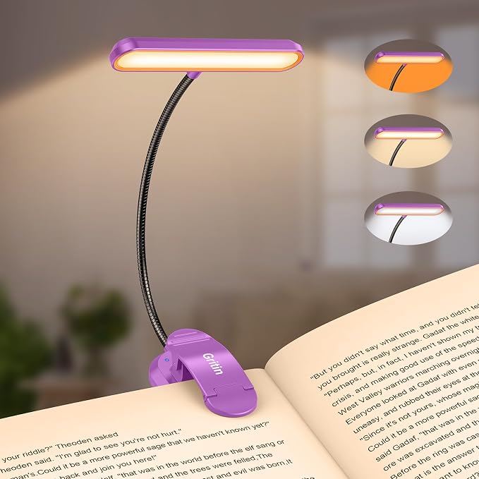 Gritin Rechargeable Book Light for Reading in Bed with 19 LED | Eye Caring 3 Color Temps, 5 Brightness Levels, Memory Function, 90 Hrs Runtime Flexible Goose Neck Clip on Light-Dark Purple