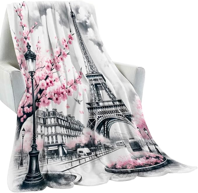 Paris Blanket Gifts for Girls Women,Parisian Eiffel Tower with Pink Cherry Blossom Throw Blankets,Soft Comfy Lightweight for Room Couch Bed Sofa Romantic Decor,France Lover 60x80in