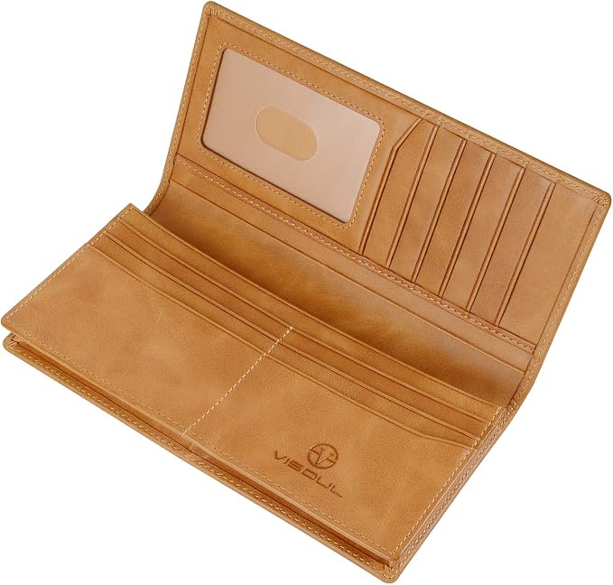 VISOUL Leather Checkbook Cover Wallet for Men with RFID Blocking, Mens Long Bifold Cash Tall Wallet with 11 Credit Card Slots 1 ID Window (Tan)