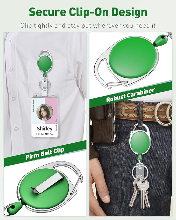Uniclife 2 Pack Retractable Badge Reel for Badge Holder Green Heavy Duty Retractable Keychain Strong ABS Casing with Stainless Steel Spring Coil 24 Inch Nylon Rope Carabiner Clip and Key Ring