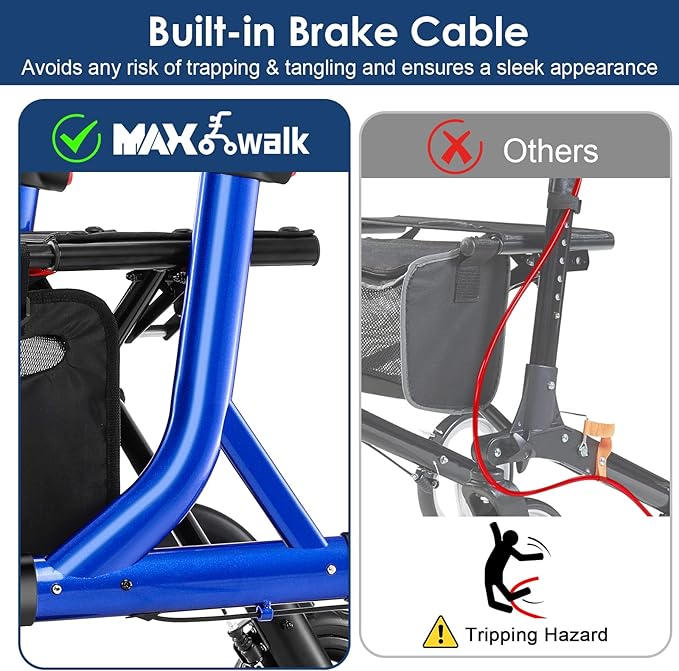 Walkers for Seniors, Rollator Walker with Seat, 10" Rubber Wheels All Terrain Rollator Walker with Backrest, Aluminum Walkers Built-in Cable, Foldable and Adjustable Height for Seniors, Blue