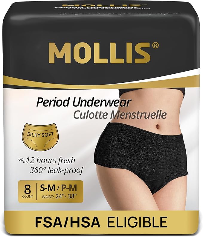 MOLLIS Disposable Period Underwear, Postpartum Panties, S/M, Black, 8Ct | Heavy Flow Period Underwear, Superior Absorbency, Leak Proof Design, Maternity Knickers, Soft Comfort Fit, Unscented