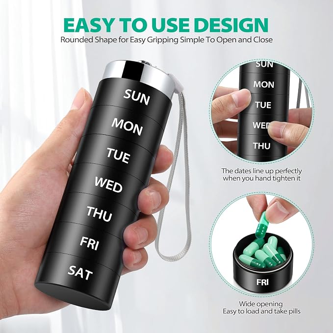 Metal Travel Pill Organizer, Large Weekly Pill Box, Portable Aluminum Alloy Waterproof Container, 7 Day Daily Medicine Organizer Holder for Vitamin, Fish Oil, Supplement, Black