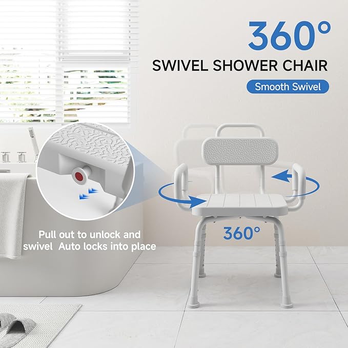 360° Swivel Shower Chair for Inside Shower, Removable Arms & Back, Adjustable Height Rotating Bath Chair for Seniors and Disabled，Tool-Free Assembly，White