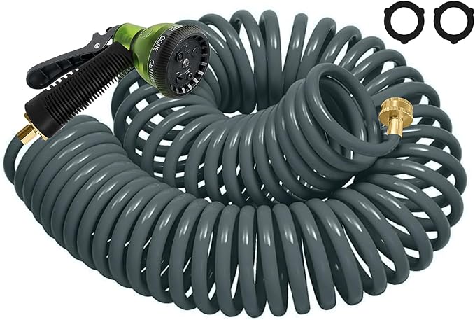 Coil Hose 50FT EVA Coil Garden Hose With 3/4'' Brass Connector Coiled Water Hose Lightweight And No Kink Includes 7 Patterns Spray Nozzle For Outdoors Lawn Watering Car Washing