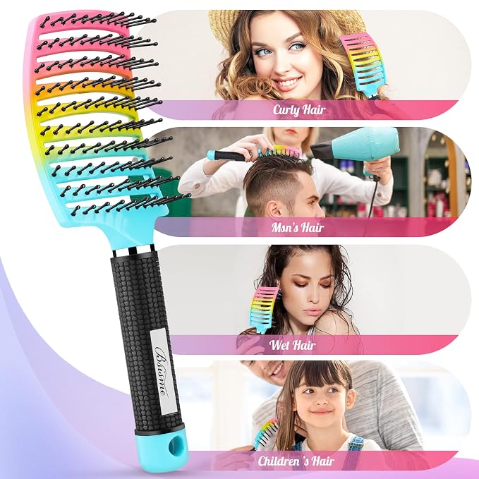 Curved Vented Paddle Brush - Faster Blow Drying, Detangling for Women & Men, Professional Styling for Wet, Curly, Thick or Straight Hair (colourful) | Professional Styling Detangling for Wet, Curly, Thick, Straight Hair, Remove Knots & Reduces Breakage