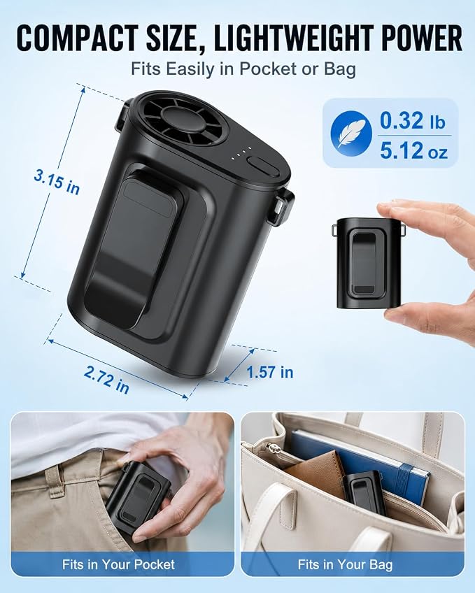 Portable Waist Fan, Ultra Lightweight Wearable Clip On Fan for Shirt, Mini Personal Neck Fan for Travel, Hands Free Belt Fan with Strong Airflow, Rechargeable Small Body Fan for Women & Men
