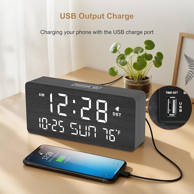 DreamSky Wooden Digital Alarm Clocks for Bedrooms with Date & Day of Week | Living Room Desk Clock, Temperature, USB Port, Dimmer Wheel, Adjustable Volume, Auto DST, Office Wood Decor (Plug-in)