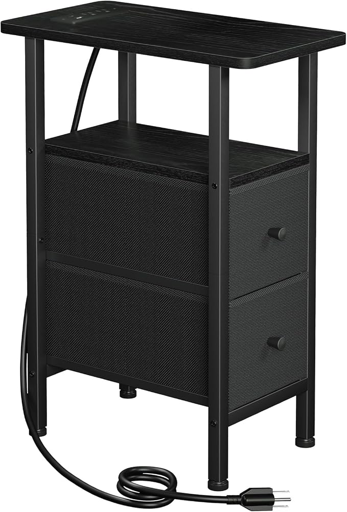 Narrow End Table with Charging Station, Small Nightstand | Skinny Side Tables Living Room with 2 Fabric Drawers, Slim Bedside Table for Bedroom, Small Spaces, Couch, Black