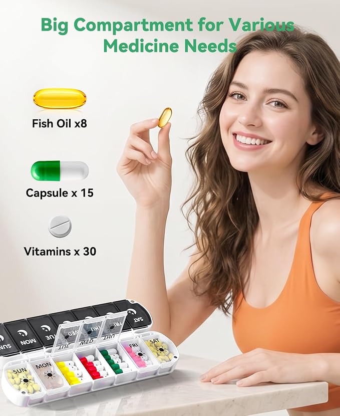 Weekly Pill Organizer 2 Times a Day, Moisture-Proof 7 Day Pill Box AM PM, Foldable Travel Medicine Organizer with Magnetic Closure for Vitamins, Supplements and Fish Oils (White)