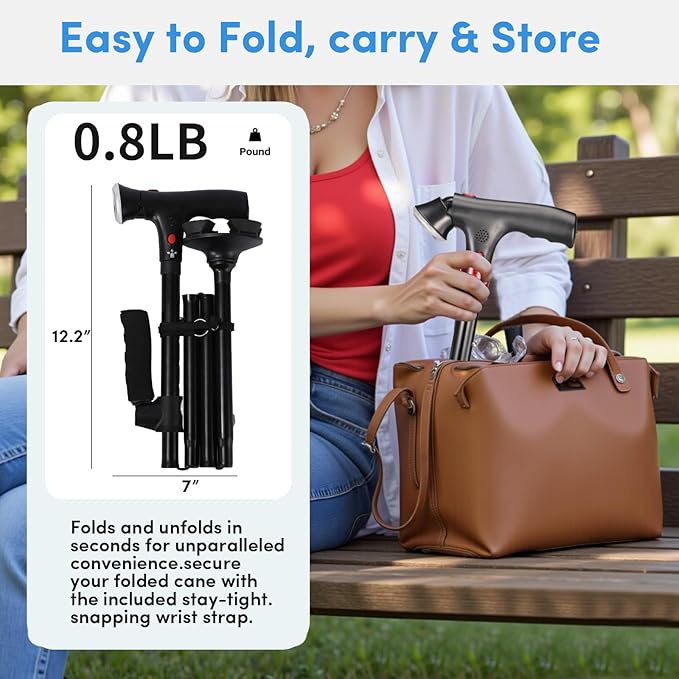 Walking Cane for Men & Women with Alarm, LED Light and Foldable Handle, Foldable, Adjustable, Lightweight, Free Self Standing Walking Cane for Seniors & Adults