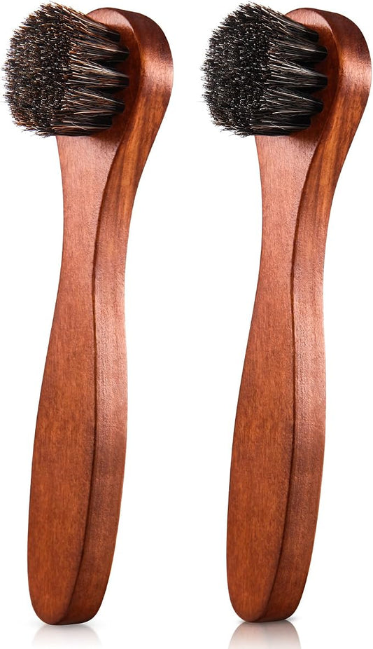 2 Pcs Horsehair Shine Shoes Brush Kit Polish Dauber Applicators Cleaning Leather Shoes Boots Care Brushes Suede Cleaner Brush(Brown Long Handle)