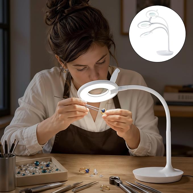 3X+6X Magnifying Glass with Light and Stand, Dimmable LED Magnifying Lamp | Flexible Gooseneck, Hands Free Magnifier, Magnification Lamp for Elderly Craft Hobby Painting Sewing Close Work,Weighted Base
