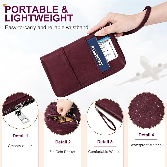 RFID Family Passport Holder Wallet - Travel Document Organizer | PU Leather, with Wristlet, Zipper, Cards, Boarding Pass, ID, Cash, Ticket Pockets,Travel Essentials Gifts for Women Men