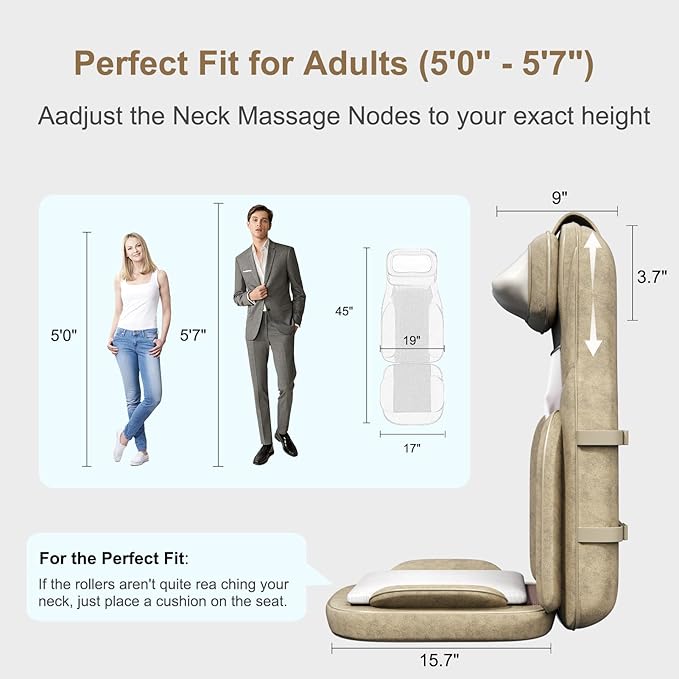 Rainwolf Shiatsu Neck and Back Massage Cushion with Heat - 4D Deep Tissue Kneading Full-Back Massager for Relief Muscle Soreness, Adjustable Intensity & Height, for Office Chair & Home