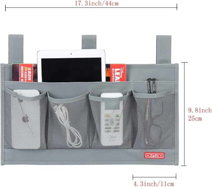 Zafit Hanging Bedside Caddy, Bedside Storage Organizer for Magazine, Phone, Remote control (6 Pockets-Grey)