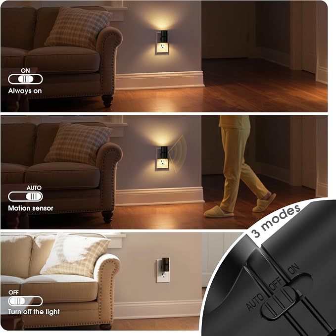 JandCase Motion Night Light, Rotating Night Lights Plug into Wall, 3 Colors | 3000K-5000K-Amber, Dusk to Dawn & Motion Sensor, 3 Level Brightness Nightlight for Bathroom Bedroom Hallway [2 Pack]
