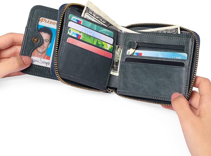 GOIACII Wallets for Men Genuine Leather Front Pocket Wallet RFID Zip Around Bifold Credit Card Holder | RFID