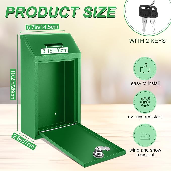 Yaocom Metal Money Box,Green,10.24 x 5.71 x 2.95 Inch,No Lid | Wall Mounted Drop Donation Cash Box for Farm Stand Collection Safe Suggestion Box with Lock Container for Home Office Outdoor
