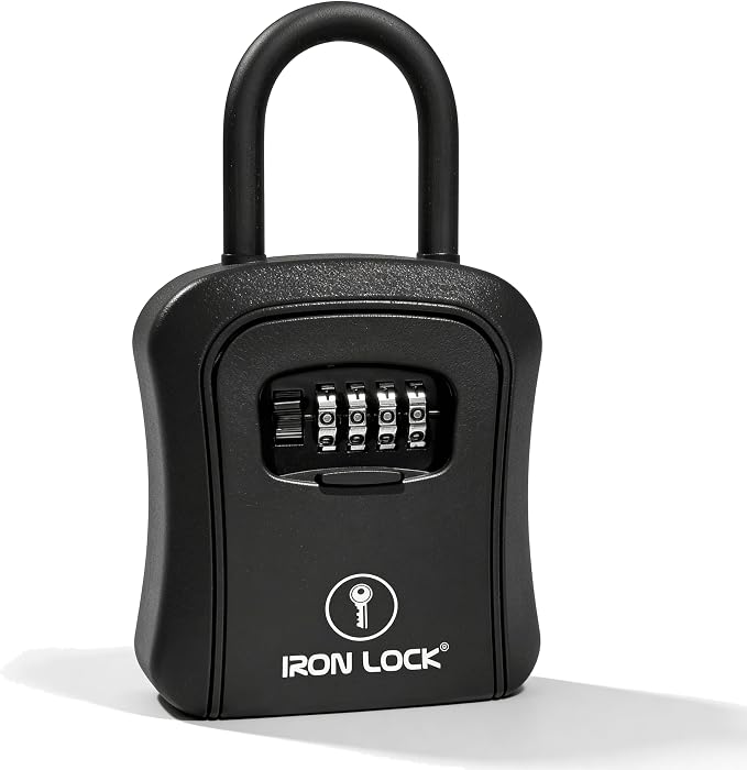 Iron Lock® Medium Key Lock Box with Code, U-Shackle Opens Fully Out (Black) | Built-in key hooks + catch tray; hangs on handles, gates, fences or a hasp; wall-mountable; dial cover; no batteries