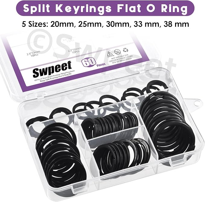 Swpeet 60 Pcs Black Assorted Multi-Purpose Metal Keychain Rings Split Keyrings Flat O Ring for Home Car Keys Attachments Keys Pendants - 20mm, 25mm, 30mm, 35 mm, 38 mm