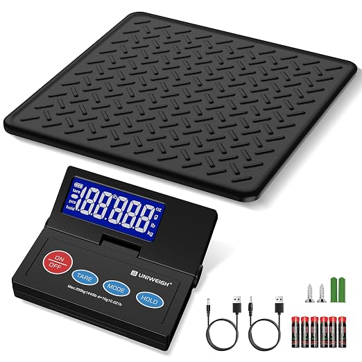 UNIWEIGH 440lb Postal Scale 10g Accuracy Digital Shipping Scale | Postage Scale with Alloy Steel Platform,USB-A/Battery Power,LCD/Tare/Hold/Auto-Off,Mail Scale for Small Business Packages