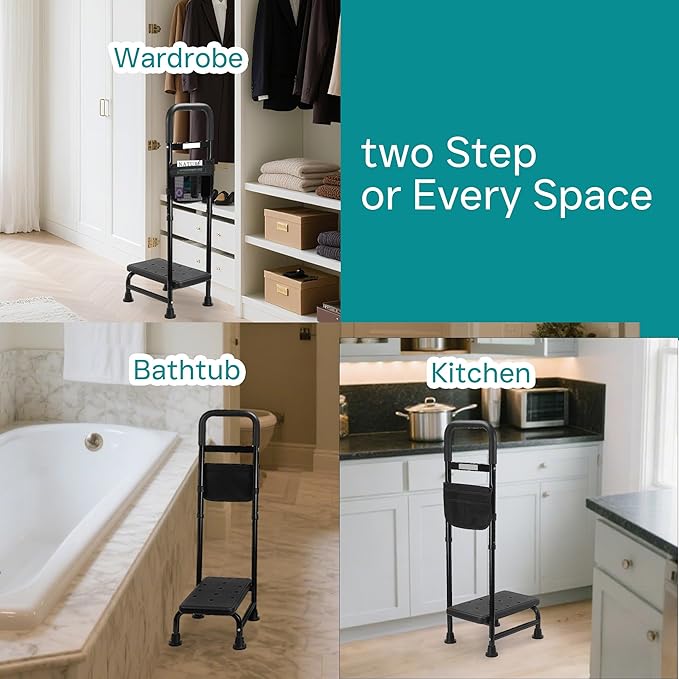 Step Stool with Handle – One Step Foot Stool for Adults, Non-Skid Bed Steps for High Beds, Adjustable Handrail with Night Light & Storage Bag, Safe Step Stool for Seniors & Elderly