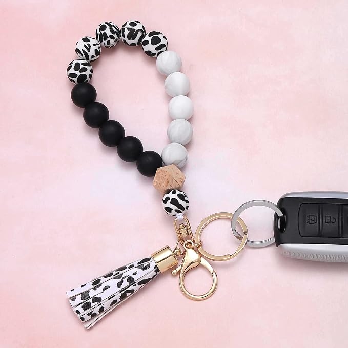 BAOSIWA Silicone Key Ring Bracelet Wristlet Keychain Unique Beaded Bangle Key Chains for Women with Leather Tassel