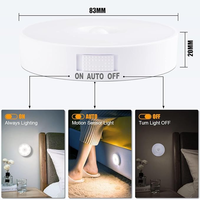 Motion Sensor Light Indoor, 8 LED Night Light- Cold White & Warm Yellow | USB Rechargeable, 3 Light Modes & Long-Last Battery, Cordless Magnetic Sticker Nightlight for Stair, Closet, Hallway