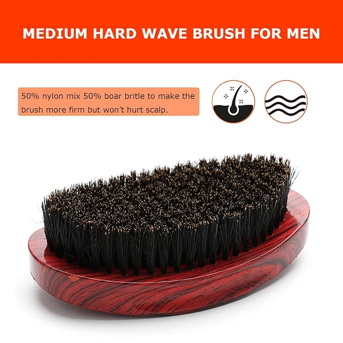 Curved Wave Brush for Men 360, Medium Hard Palm Hair Brushes Boar | Nylon Mix Boar Bristles for Black Hair Wavers to Creating 360 Waves & Beard Daily Use (Stripes Red)